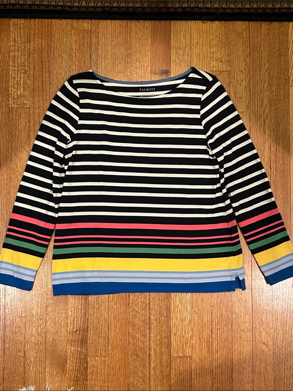 Talbots Black and White Striped Top with Multicolor Hem Size Medium